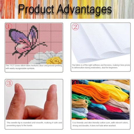 4 Pack Stamped Cross Stitch Kits for Adults - Cross Stitch Kits for Beginners,11 CT Insect Flowers Cross Stitch Patterns Dimensions DIY Counted Cross Stitch Kits for Adults Arts Craft 12x16 inch Tiwabb
