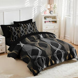 Nesker 7 Pcs Comforter Set Queen Size, Striped Minimalist Bedding Set for Kids and Adults, White Golden Wave Bed Sheet Sets with Fitted Sheet 2 Pillowcases & 2 Shams Nesker