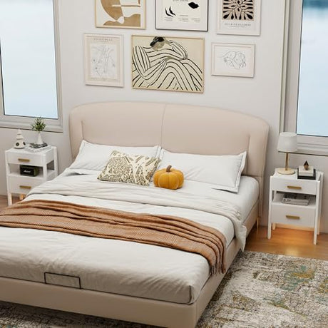 Tltaroni Nightstand with 2 Drawers and Open Shelf Wooden Bedside Table Gold Handles Modern Storage Night Stand Sensor Light for Bedroom, White Tltaroni