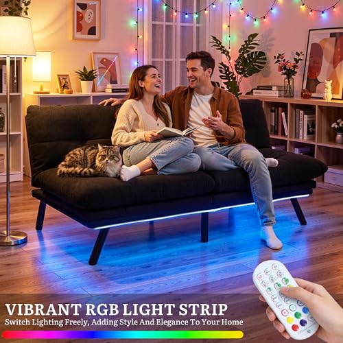 YITAHOME Convertible Futon Sofa Bed with Adjustable 3 Color Light Strip, 70" Folding Futon Set for Living Room Home Office Aprtment, Modern Futon Couch with Adjustable Backrest & Armrests, Black YITAHOME