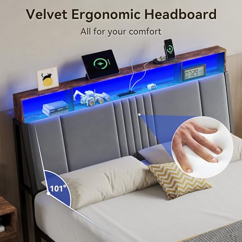 BedsPick Full Size Bed Frame with Ergonomic Headboard, Upholstered Metal Platform Bed Full with 2-Tier Storage, Charging Station, Smart LED Lights, Easy Assembly, No Box Spring Needed, Gray BedsPick
