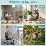 SereneLife Hanging Egg Chair with Stand - Wicker Rattan Outdoor Swing Chair, Powder-Coated Steel Frame, Padded Cushion & Headrest - Ideal Swinging Chair for Bedroom, Patio, Backyard - 350 lbs Load