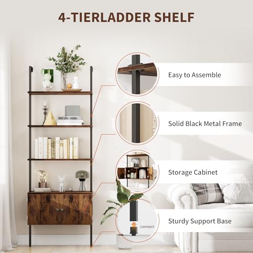 CAMOAT 70" Tall Bookshelf with Cabinet,Wall Mounted Bookcase with Shelves & Storage,Blanket Ladder&Bathroom Wall Shelf,Open Industrial Shelf,4-Tier Display Rack for Living Room,Bedroom,Home Office CAMOAT