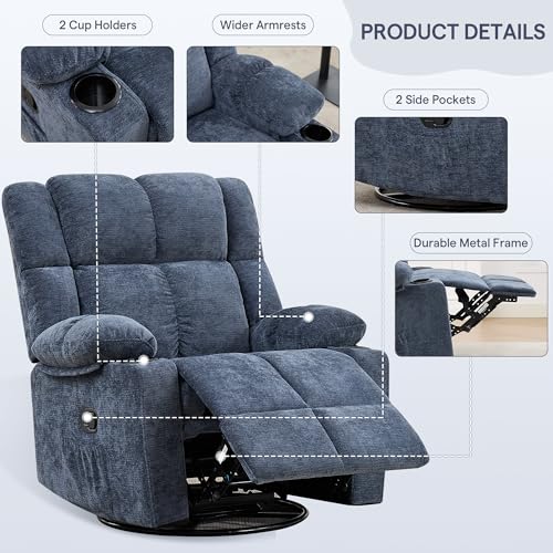 Coziture 360°Swivel Rocker Recliner Chair,Rocking Recliner Chair with Adjustable Headrest for Adults,Upholstered Fabric Rocking Chair Swivel for Bedroom,Living Room,Blue