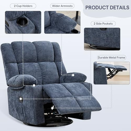 Coziture 360°Swivel Rocker Recliner Chair,Rocking Recliner Chair with Adjustable Headrest for Adults,Upholstered Fabric Rocking Chair Swivel for Bedroom,Living Room,Blue Coziture