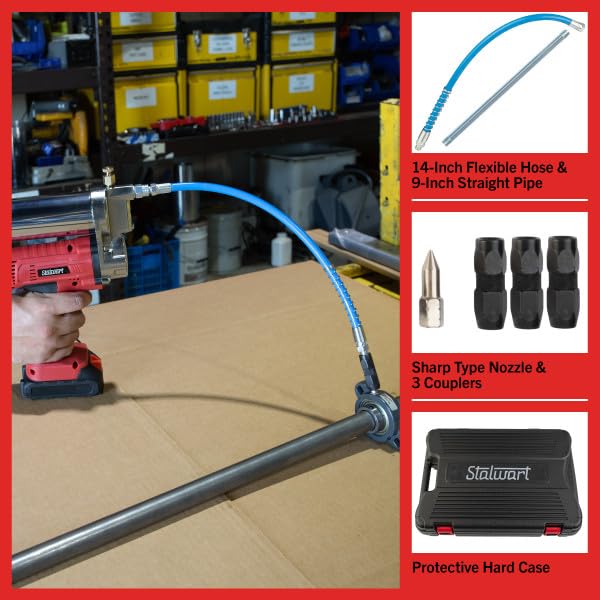 Stalwart Grease Gun - 20V 12000 PSI Cordless Grease Gun with 14-Inch Hose, Couplers, Lithium Ion Battery, Charger, and More - Tool Kit (Black/Red) Stalwart