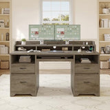 Bestier Farmhouse 59" Executive Desk with Drawers, Wood Computer Desk with Charging Station, Home Office Desk with Keyboard Tray & Monitor Stand, Sturdy Pedestal Desk for Work Study, Grey Bestier