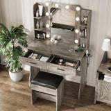 Vabches Vanity Desk with Mirror and Lights,Makeup Vanity Table with Charging Station,2 Drawer Bedroom Dressing Table with 3 Colors Modes Dimming & Cushioned Stool,Light Rustic Oak Vabches