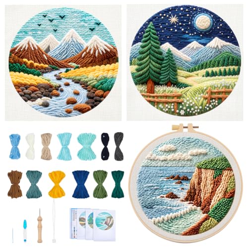 BEUNITONE 3PCS Landscape Punch Needle Kit for Adults Beginners, Complete Craft Kit Needlepoint Kits for Adults with Hoop, Punch Needle Starter Craft Set for Cloth Festival Gift and Home Decor 20X20CM