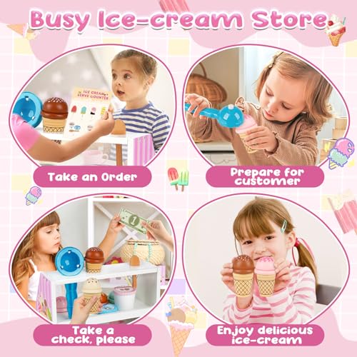 Dreamon Ice Cream Counter Playset for Kids, 38 PCS Wooden Ice Cream Set Shop for Toddlers 3-5, Toddler Pretend Play Toy, Christmas Birthday Gift for Boys and Girls Dreamon