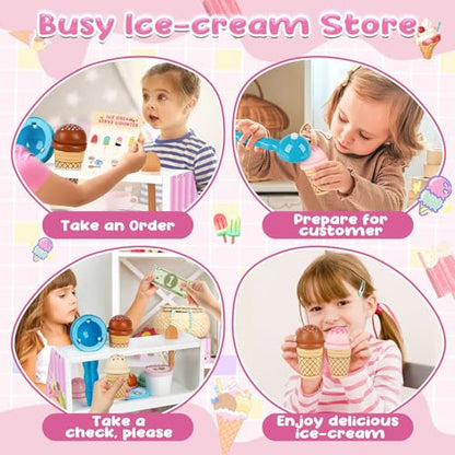 Dreamon Ice Cream Counter Playset for Kids, 38 PCS Wooden Ice Cream Set Shop for Toddlers 3-5, Toddler Pretend Play Toy, Christmas Birthday Gift for Boys and Girls - WoodArtSupply