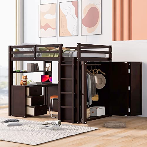 BOVZA Full Wooden Loft Bed Frame with Desk, Wardrobe, and Storage in Espresso - WoodArtSupply