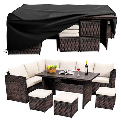 Wumiokio Patio Furniture Set, 7 Pieces Outdoor Patio Furniture with Dining Table&Chair, All Weather Wicker Conversation Set with Ottoman,Brown Rattan & Ivory Cushions (Include Sofa Dust Cover)