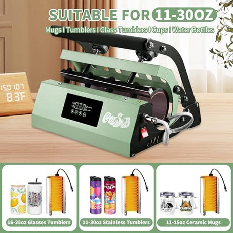 CoolSub Tumbler Heat Press Machine, Mug Press Machine for 30oz 20oz, Sublimation Blank Skinny Tumbler Glass Jar Can 11-16oz Mugs, Heat Transfer Print for Sublimation Tumblers, Cups, Mugs Green CoolSub