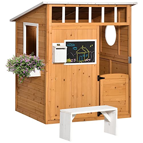 Outsunny Wooden Playhouse for Kids Outdoor with Working Door, Windows, Mailbox, Bench, Flowers Pot Holder, 48" x 42.5" x 53" - WoodArtSupply