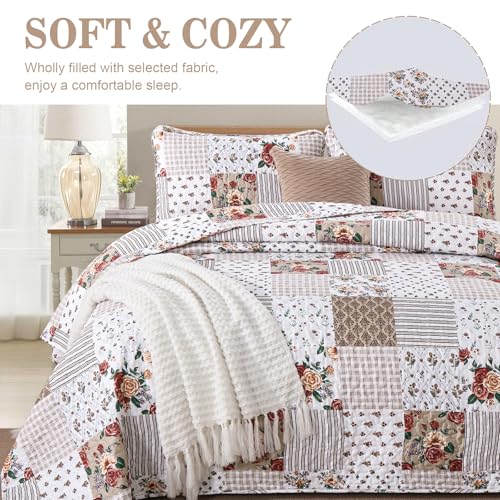 Menghomeus Taupe Floral Quilt Set Queen Boho Patchwork Bedspread Floral Coverlet Reversible Bed Quilt Set All Season Soft Microfiber Bedding Farmhouse Bed Sets, 96"x90" Menghomeus