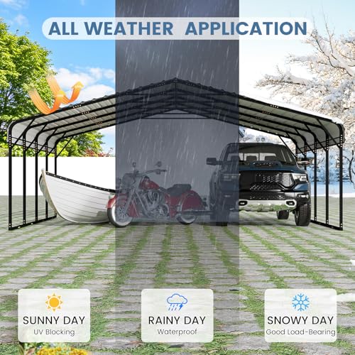 EROMMY 20‘x20’ Stable Metal Carport, All-Weather Heavy-Duty Carports with Strong Base, Sturdy Car Shed with Galvanized Steel Roof and Frame, Easy Assembly Car Port for 2 Cars, Tractors, Boat, Gray EROMMY