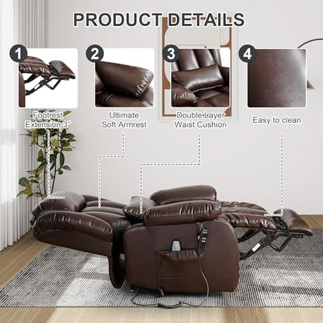 EDILLY XL Large Genuine Leather Lift Chair Recliner for Elderly, Dual Motor with Massage and Heating,with Double Lumbar Cushion and Extended Footrest,USB Port and Remote,Seat Width 26"(Brown) EDILLY