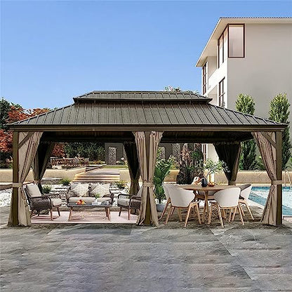 12x18Ft Hardtop Gazebo Aluminum Frame Gazebo with Galvanized Steel Double Roof Outdoor Permanent Metal Pavilion with Curtains and Netting for Patio Backyard and Lawn,Brown - WoodArtSupply