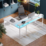 Pamray 64 Inch L Shaped Gaming Desk with Power Outlets and Led Lights, Large Corner Computer Desk with Monitor Stand and Pegboard, PC Table for Home Office and Bedroom White Pamray