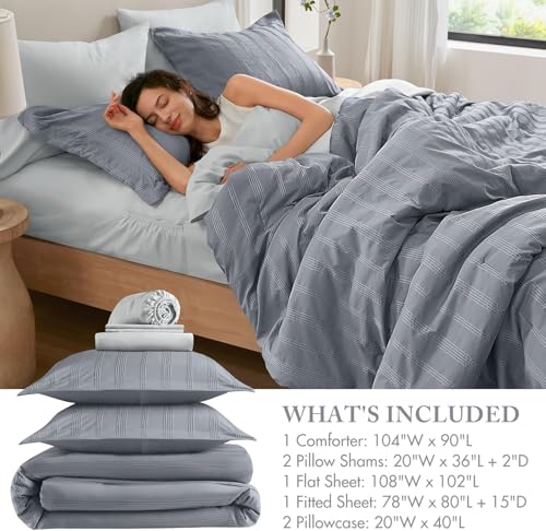 Madison Park Essentials Striped Comforter Set King, 7 Pieces Modern Minimalist Jacquard Bedding Set for All Season, Bed in A Bag with Sheet Set and Soft Brushed Reverse, Lightweight Blue/Grey Madison Park Essentials