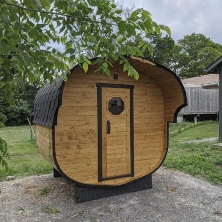 Outdoor Sauna 2 Person, Home Wooden Barrel Traditional Wood Sauna Room with Asphalt Shingle Roof, 220V Steam Spa, 4.5 kw Electric Heater with Sauna Stone, Water Bucket, Spoon, Light, Canadian Hemlock Smartmak