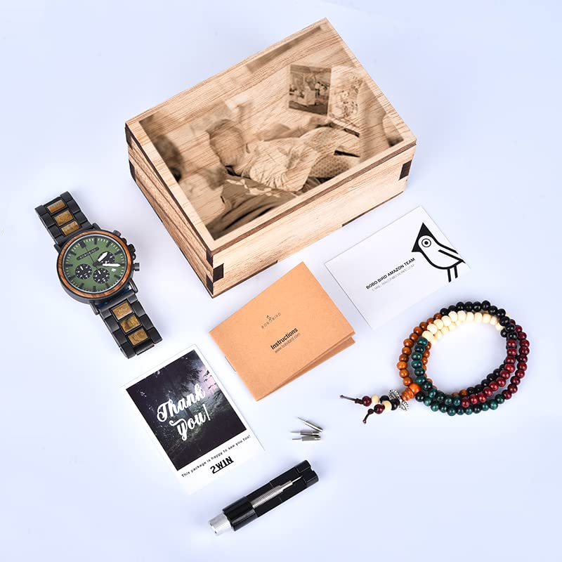 2win Engraved Wooden Watch Stylish Green Dial Design Personalized Wood Watches for Men Husband Boyfriend Fiancé Dad Customized Anniversary Birthday Watch (Custom Box Photo) 2win