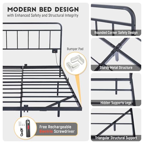 Domus Homeware Floating King Size Platform Bed Frame with LED Lights & Charging Station - Includes Powered Screwdriver for Assembly, Mattress Fasteners & Corner Pads, Hardened Steel Domus Homeware