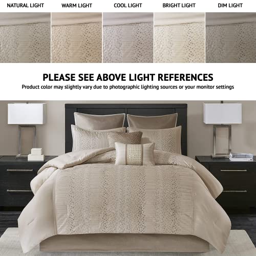 Madison Park Camelia Cozy Comforter Set-Trendy Design All Season Down Alternative Luxury Bedding with Matching Shams, Decorative Pillows, California King (104 in x 92 in), Natural 8 Piece Madison Park