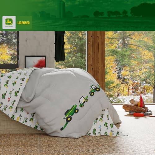 Franco Kids John Deere Farm Equipment Bedding 4 Piece Super Soft Reversible Comforter and Sheet Set, Twin, (Officially Licensed Product) Franco