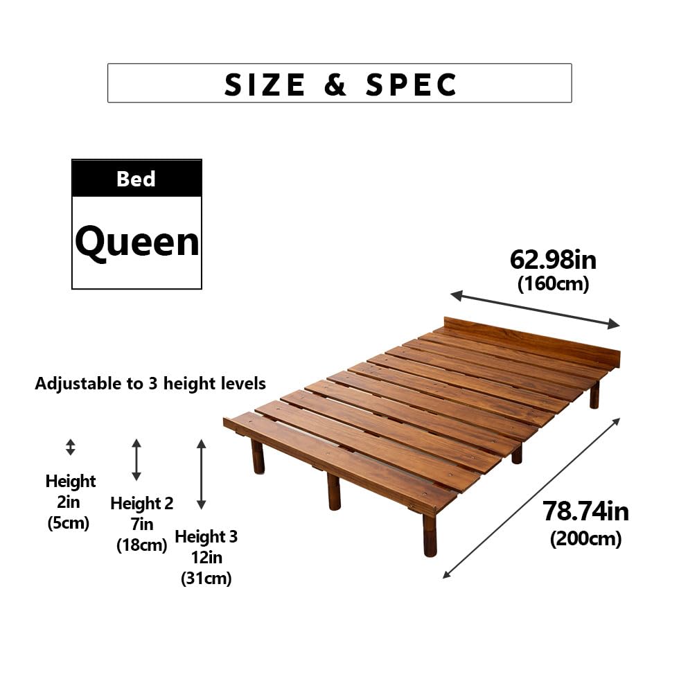 EMOOR Wood Slatted Floor Bed Frame OSMOS Queen for Japanese Futon Mattress Solid Pine (Retro-Brown), Height Adjustable (2/7/12in) Tatami Mat - WoodArtSupply