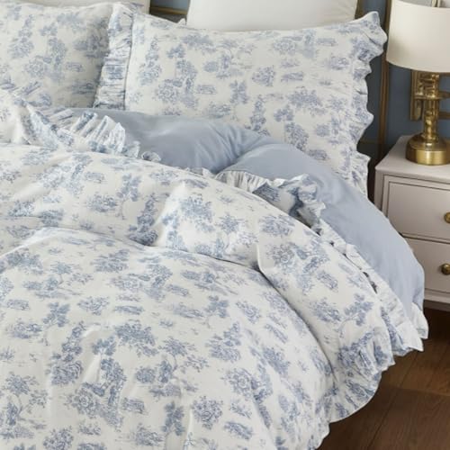 Brandream French Country Garden Toile Floral Duvet Quilt Cover King Size 100% Cotton Bedding Set Toile Tapestry Pattern Blossom Tree Branches Delicate Ruffle Fringe Design Brandream