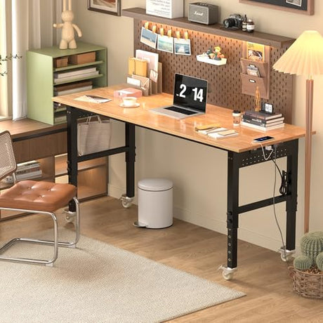BETISEF 70’’ Work Bench Adjustable Workbench Heavy Duty Work Table with Power outlets, Pegboard, Wheels and Foot Pads, 2000 Lbs Capacity Hardwood Work Benches for Garage, Workshop, Office, Home BETISEF