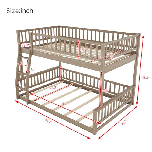 Merax Full XL Over Queen Floor Bunk Bed, Kids Bedroom Brown Wooden Bunk Bed Frame, Convertible to 2 Separated Beds with Trundle, Ladder & Guardrail for Teens, Wood Slat Support, Easy Assembly, Brown Merax
