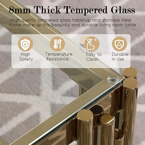 55 Inch Modern Luxury Console Table Clear Glass Sofa Table w/Gold Stainless Steel Pipe Frame, 2-Layer Narrow Table Accent Table for Living Room, Home Entayway Table Foyer Table for Entrance Hallway Henf
