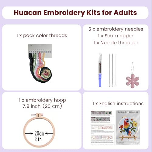 Huacan Embroidery Kits for Adults Beginner DIY Cross Stitch Stamped Animal Pattern Stitching Sewing Kit 1 Piece 7.9 x 7.9 Inch (Parrot)