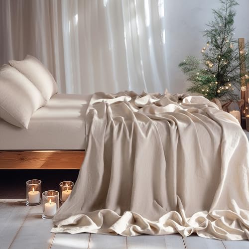 LBRO2M 100% Linen Sheet Set Queen Size, Bed Sheets 4 Piece Sets, Solid Color Natural Flax Bed Sheets Soft Breathable Bedding,16" Deep Pocket,All Season (Queen, Linen) LBRO2M