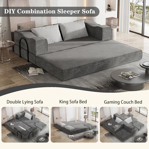 80" Folding Convertible Fold Out Sleeper Sofa Bed King Size , 5 in 1 DIY Combination Floor Couch Cozy Lounge Daybed with Curved Armrest and Throw Pillows for Living Room Apartment Chenille Fabric Eafurn