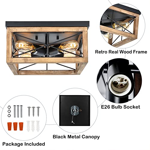 eyassi Wooden Flush Mount Ceiling Lights, 4-Light Farmhouse Close to Ceiling Lighting Fixtures Black Ceiling Lamp for Kitchen Island Living Room Bedroom Hallway Laundry Entryway - WoodArtSupply