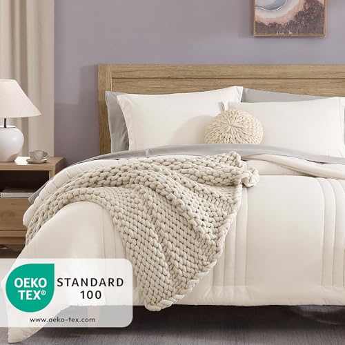 Monbix Queen Comforter Set - 7 Pieces Snow White Bed in a Bag Queen Bedding Sets with Comforters, All Seasons Comforter Bed Set with Sheets, Pillowcases & Shams Monbix