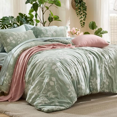Bedsure Twin Comforter Set - 5 Pieces Floral Sage Green Soft Bedding Sets, Twin Bed in a Bag with Botanical Flowers Comforter, Sheets, Pillowcase & Sham Bedsure
