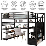 MoproBeti Full Size Loft Bed with Stairs and Desk,Metal Gaming LoftBed with LED Lights,Charging Station, High Loft Beds Frame Full with Storage Shelves,Wardrobe for Teens, Adults, Black MoproBeti