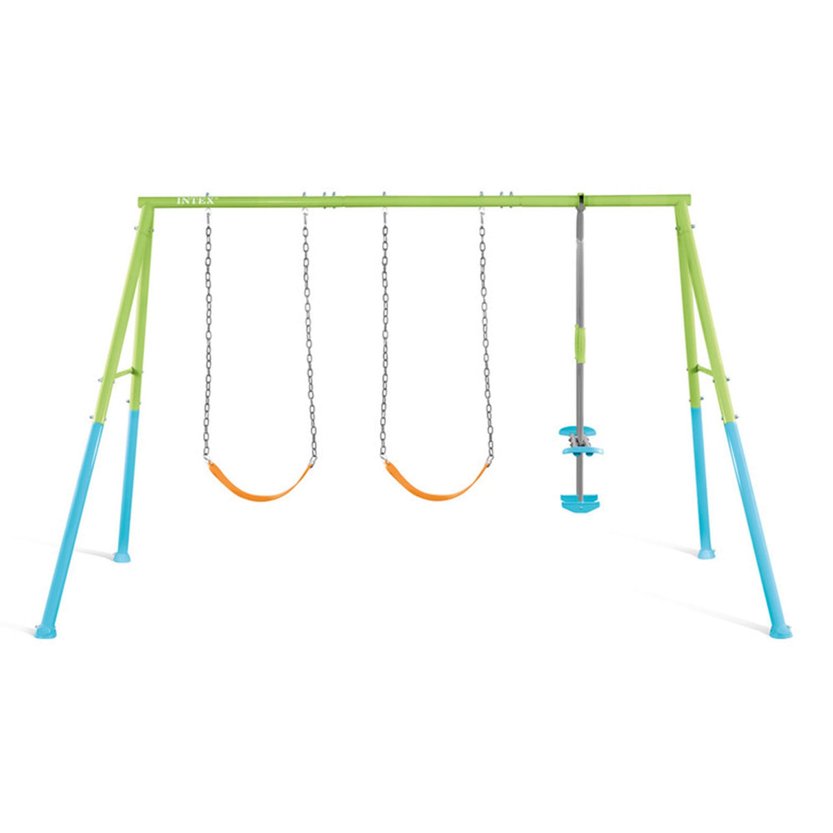 INTEX 44121E Heavy Duty Backyard Three Feature Swing Set: Includes Two Height Adjustable Swings and Glider – Plastisol-Coated Chain – Rust-Resistant Steel Frame – Anchor System – Easy Assembly Intex