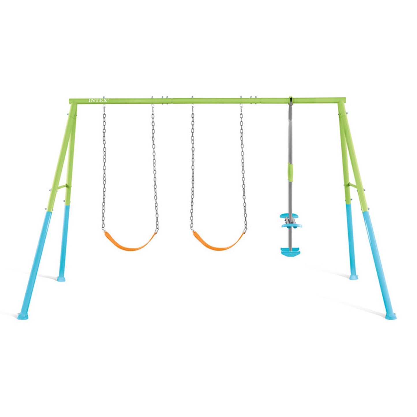 INTEX 44121E Heavy Duty Backyard Three Feature Swing Set: Includes Two Height Adjustable Swings and Glider – Plastisol-Coated Chain – Rust-Resistant Steel Frame – Anchor System – Easy Assembl - WoodArtSupply