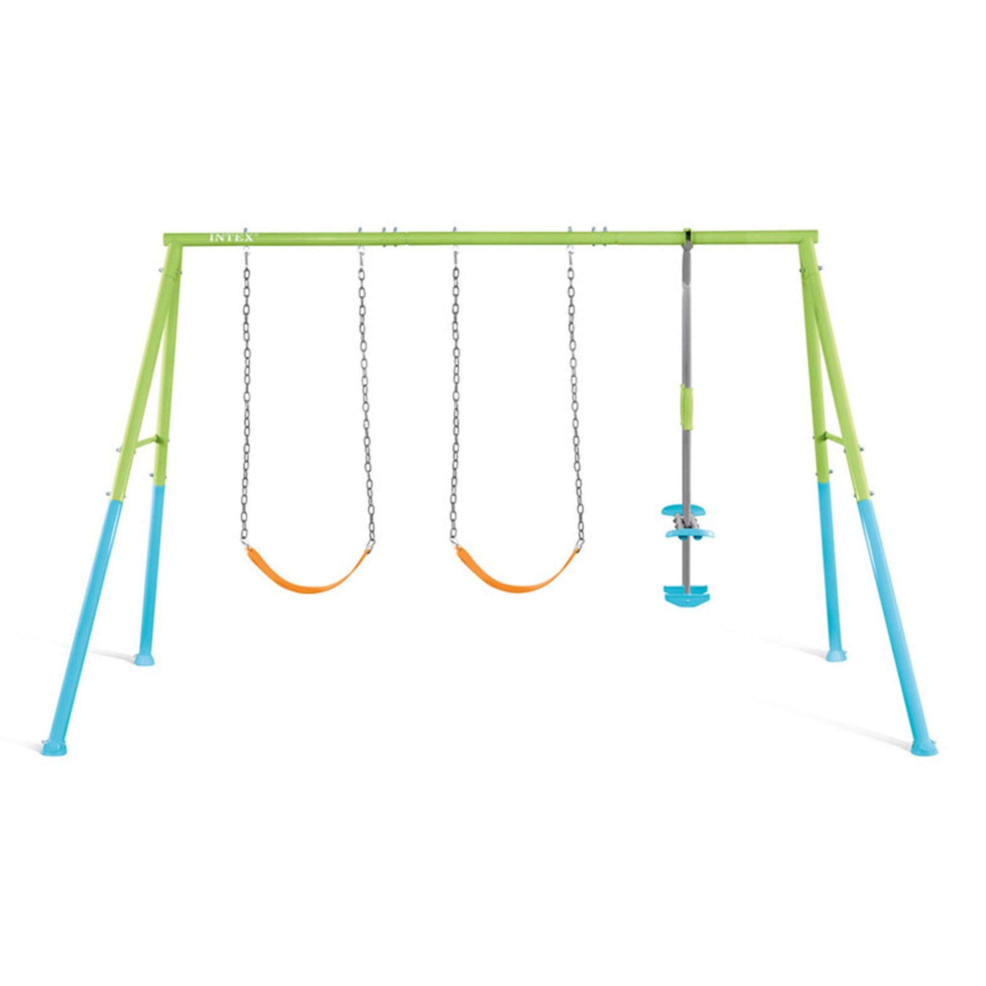 INTEX 44121E Heavy Duty Backyard Three Feature Swing Set: Includes Two Height Adjustable Swings and Glider – Plastisol-Coated Chain – Rust-Resistant Steel Frame – Anchor System – Easy Assembl - WoodArtSupply