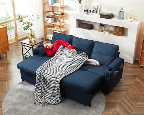 DURASPACE Sofa Bed Sleeper Pull Out 2 in 1 Sectional Sleeper Sofa Couches with Storage,USB, Cup Holder,Pullout Sectional Couches for Apartment Living Room (Blue) DURASPACE