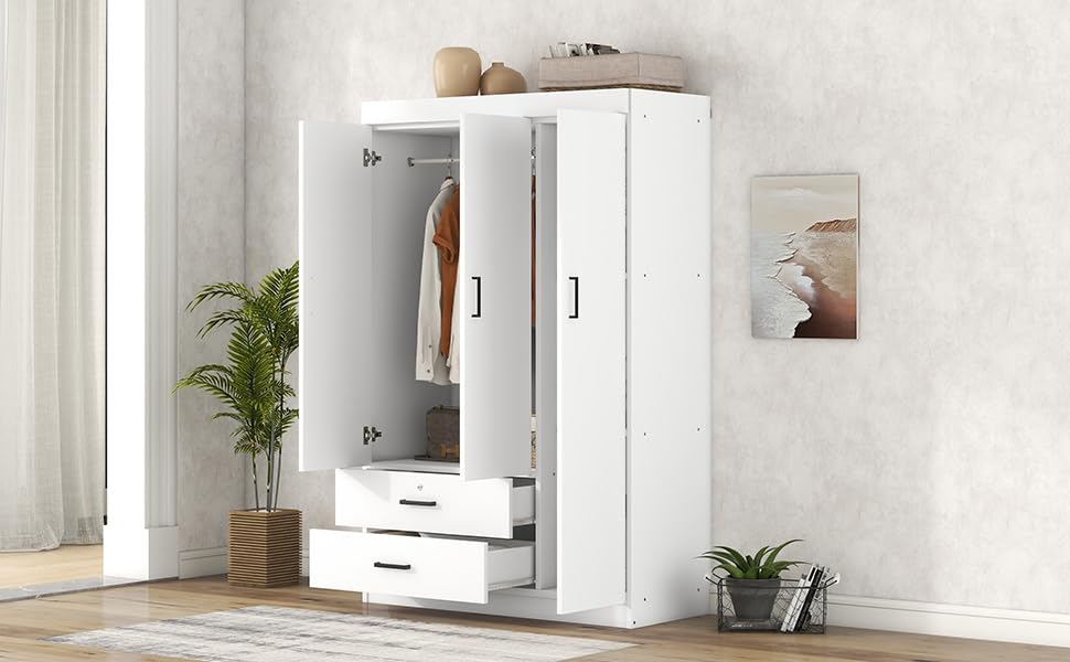 Quarte Modern 3-Door Wardrobe with 2 Drawers, Shelves and Hanging Rail, Freestanding Armoire Wardrobe Closet, Clothes Storage Cabinet Organizer (White/Wardrobe) Quarte