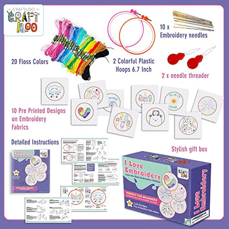 10 Pre-Stamped Embroidery Patterns for Beginners Embroidery Kit for Kids Girls Needlepoint Kits for Beginners Cross Stitch Craft Sewing Perfect for Ages 7-13 CRAFTILOO