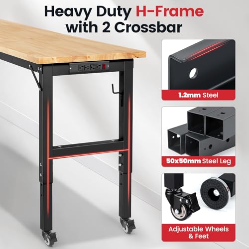 ENJOYWOOD Workbench with Wheels 60 Inch Rubberwood Tabletop Garage Workbench Adjustable Height Work Bench with Pegboard, Power Outlets for Woodworking, Home, Office, Workshop ENJOYWOOD