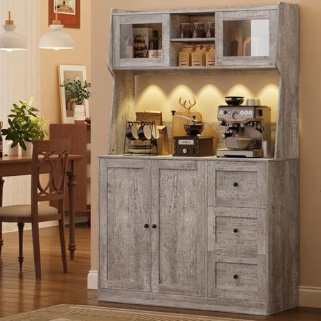 GarveeHome 67 in Tall Kitchen Hutch Storage Cabinet, Coffee Bar Cabinet with 3 Drawers and LED Lights, Freestanding Food Pantry with Countertop for Living Dining Room, Grey GarveeHome